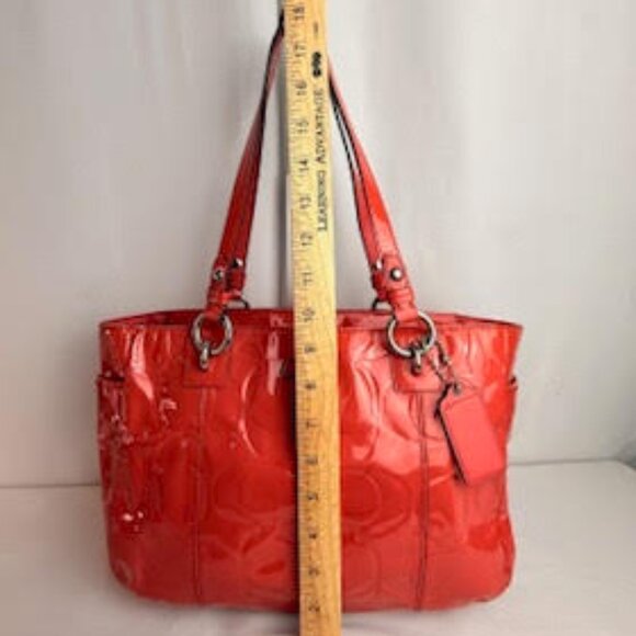 Coach Patent Leather Red Signature Embossed Tote Bag Shoulder Purse - Picture 9 of 11